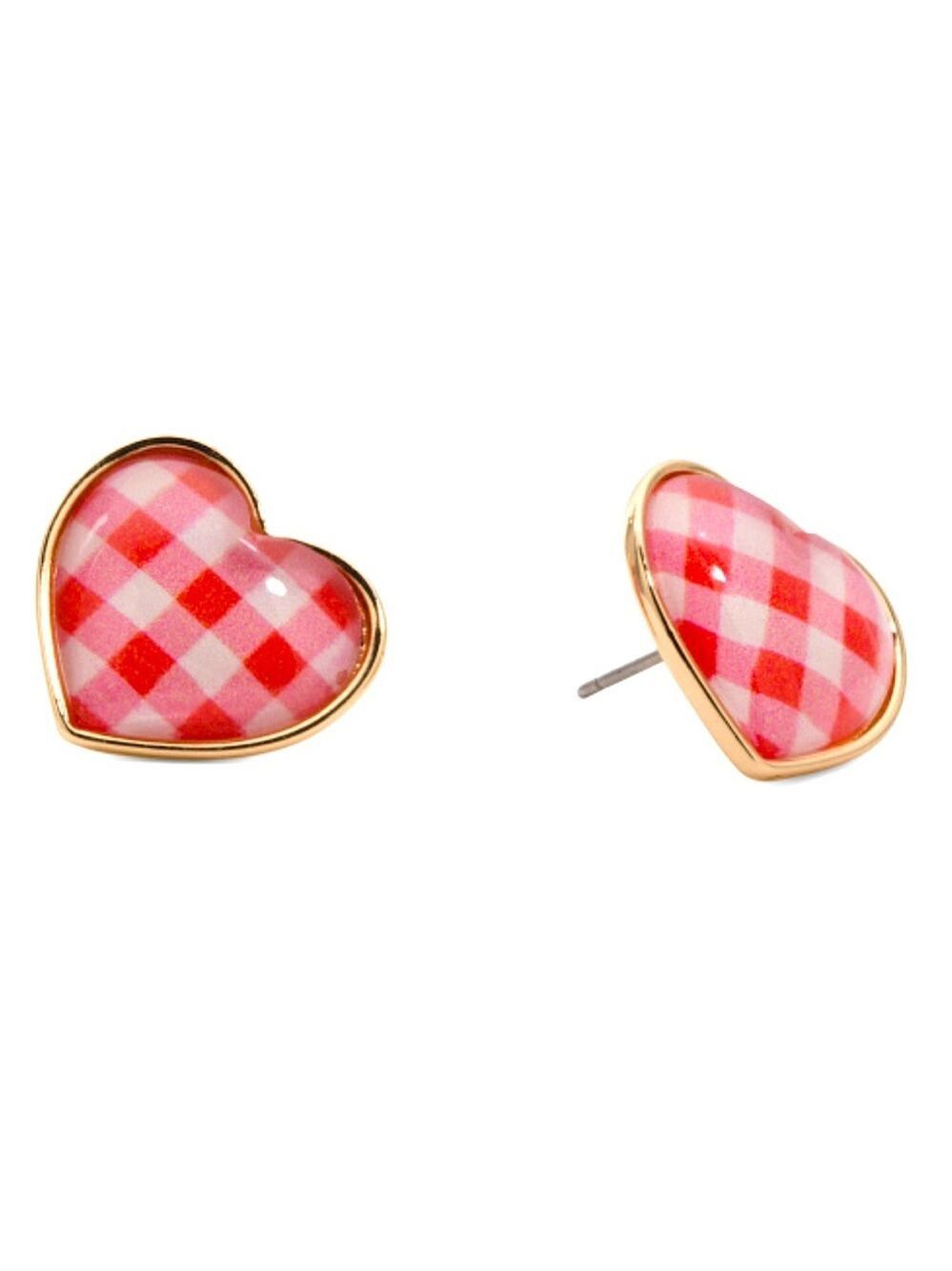 Betsey Johnson Betsey’s Backyard Heart Pink Gingham Earrings New